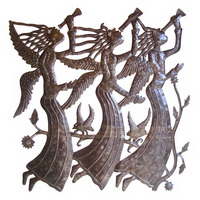 3 angels with horns recycled oil drum sculpture from Haiti
