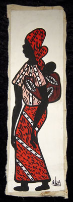 Painting of  an African woman with child on her back, from west Africa, circa 1970s.