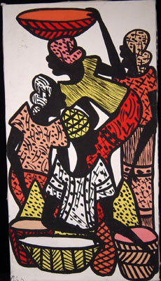 Painting of four women of an African market, from west Africa, circa 1970s