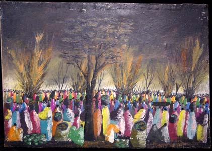 Painting signed M. Chuni of a large gathering of people