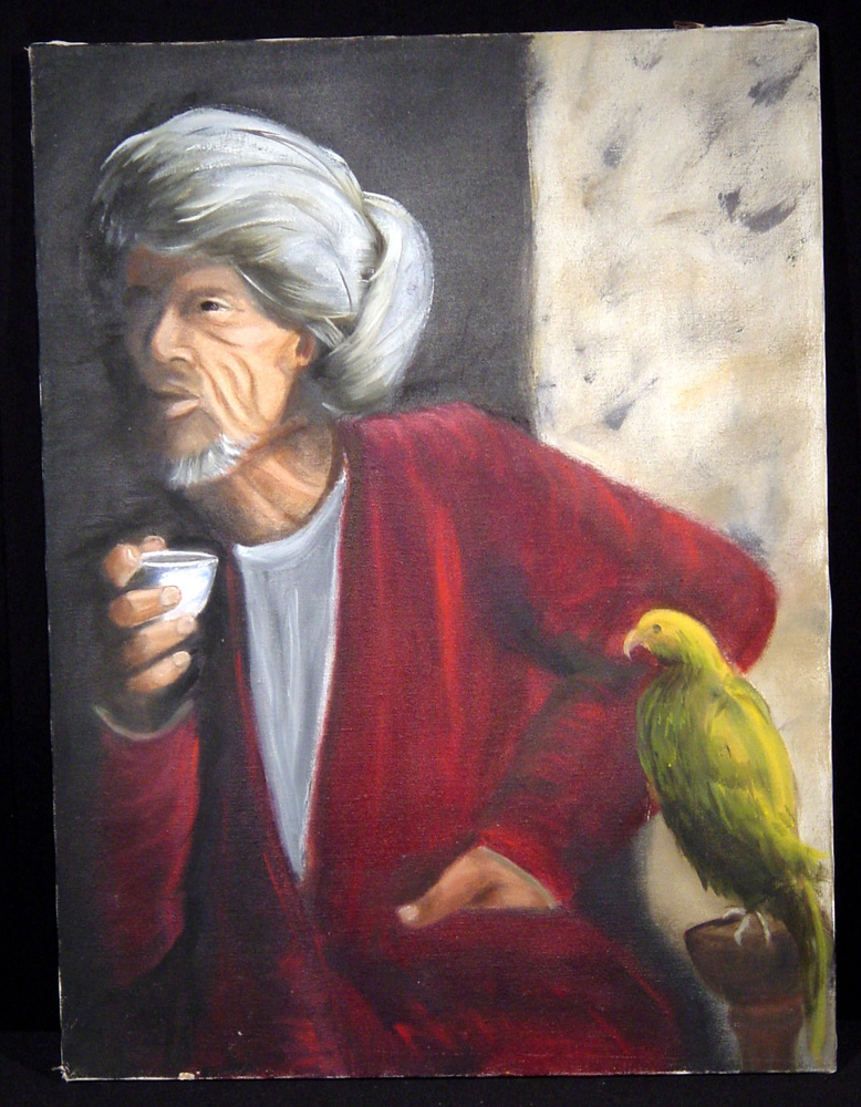 Painting of turbaned man with tea and parrot